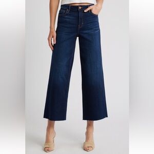 HIDDEN High Rise Wide Leg Jeans Frayed Hem Dark Blue Stretchy ankle crop